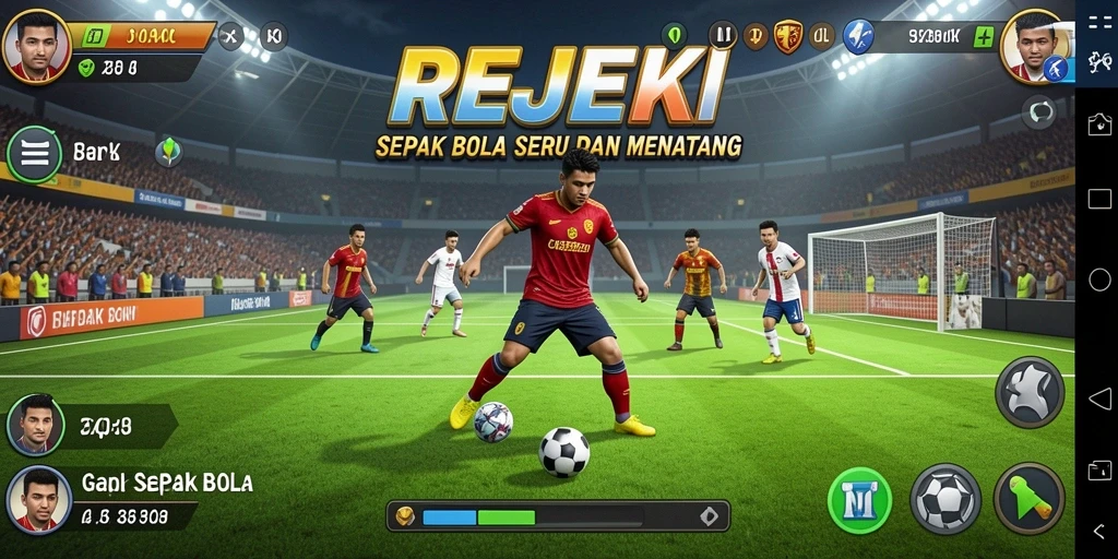 Antarmuka permainan REJEKI yang menampilkan aksi sepak bola yang seru.